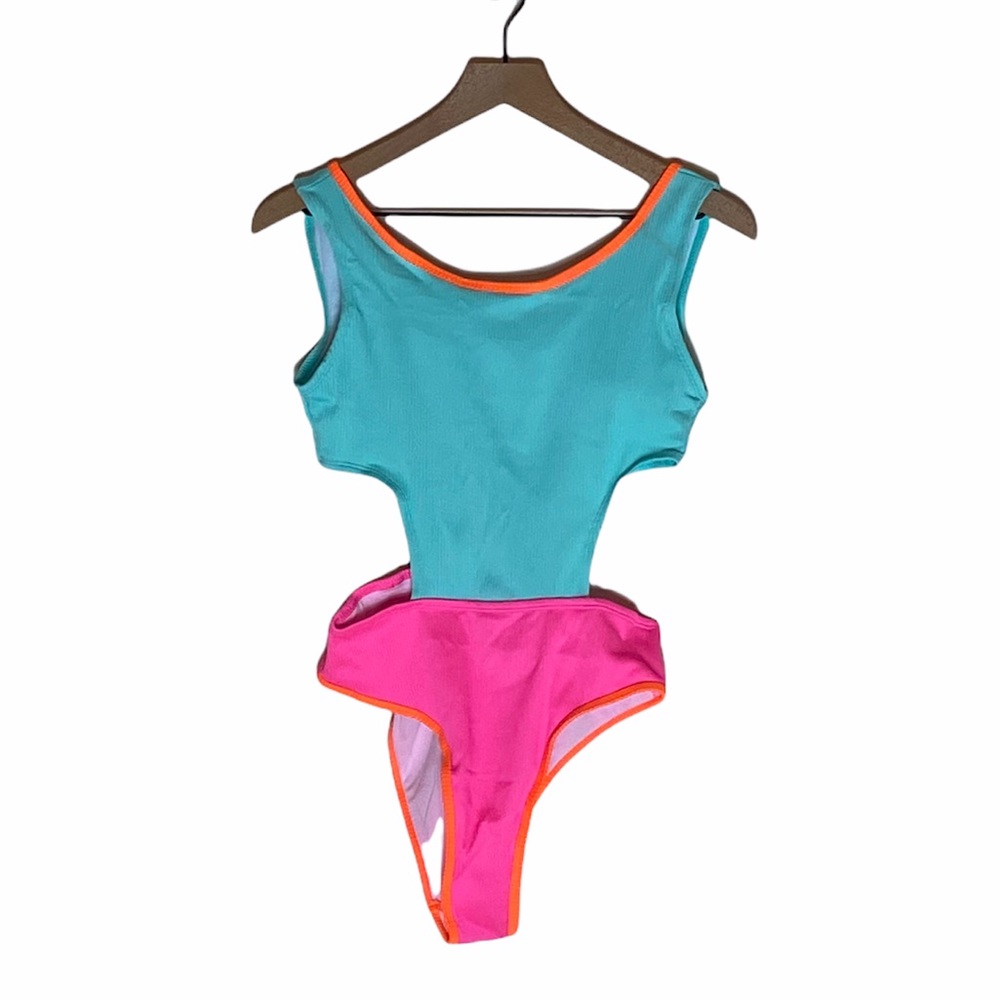 Shein Color Block One-piece with Cut Out Sides and Deep V back